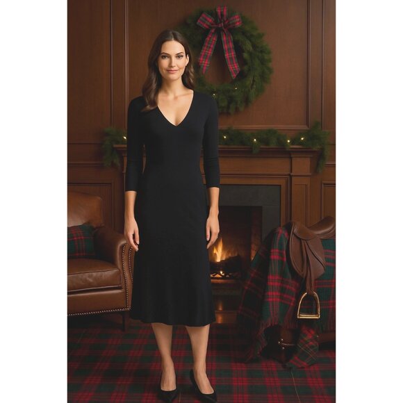 Ralph Lauren Black Label Double Black V Neck Midi dress size Medium Quiet Luxury - Picture 1 of 7